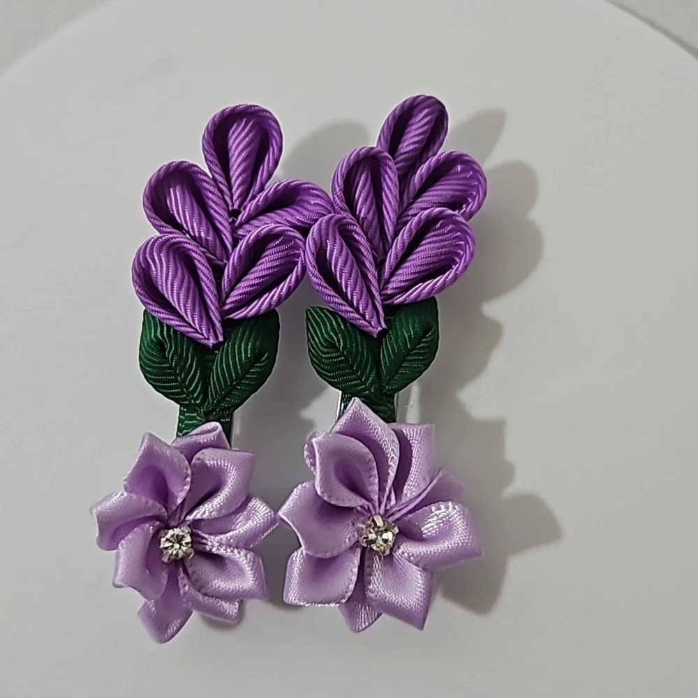 Hand Crafted Purple Barrette Hair Clip Floral Ribbon flowers purple 2- Piece set